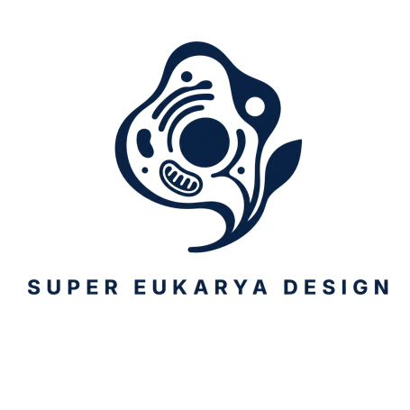 Logo featuring an abstract design of a cell with stylized elements, incorporating a leaf and circular shapes, with the text 'Super Eukarya Design' underneath.